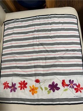 Burberry White Scarf with Black Stripes and Multicolor Floral Border